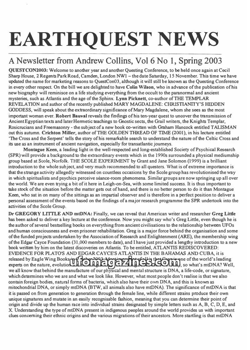 Cover of Earthquest News (Andrew Collins) issue Vol 6 No 1: EARTHQUEST NEWS
