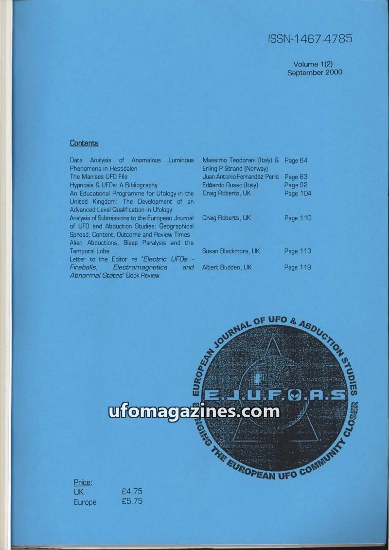 Cover of European Journal of UFO and Abduction Studies issue 1(2): European Journal of UFO and Abduction Studies