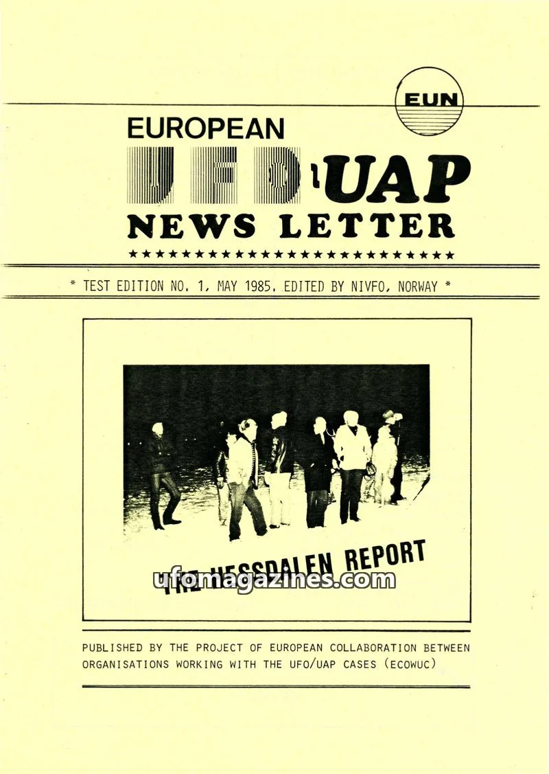 Cover of European UFO-UAP Newsletter (EUN, English Language) issue 1: EUROPEAN UFO/UAP NEWS LETTER