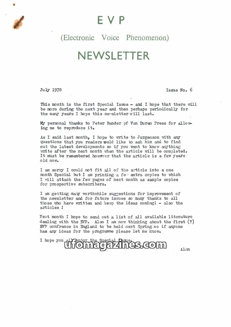 Cover of EVP Newsletter (Alan Cleaver) issue 6: EVP NEWSLETTER
