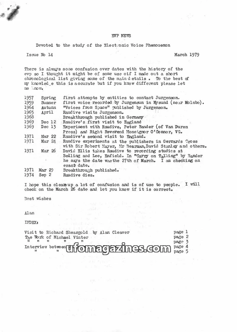 Cover of EVP Newsletter (Alan Cleaver) issue No 14: EVP NEWS