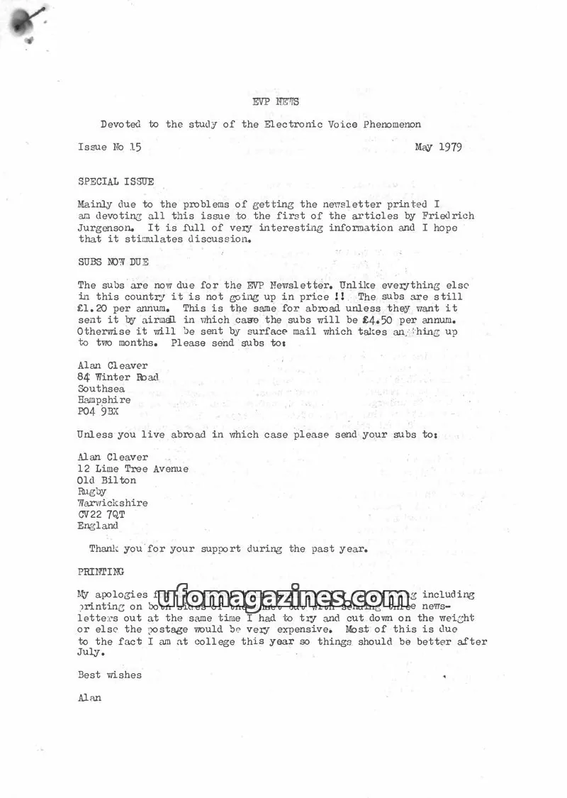 Cover of EVP Newsletter (Alan Cleaver) issue 15: EVP NEWS