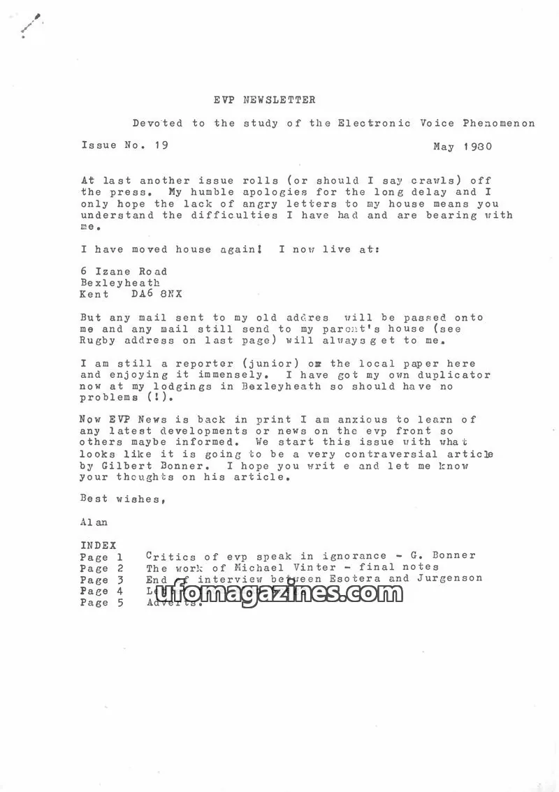 Cover of EVP Newsletter (Alan Cleaver) issue No. 19: EVP NEWSLETTER