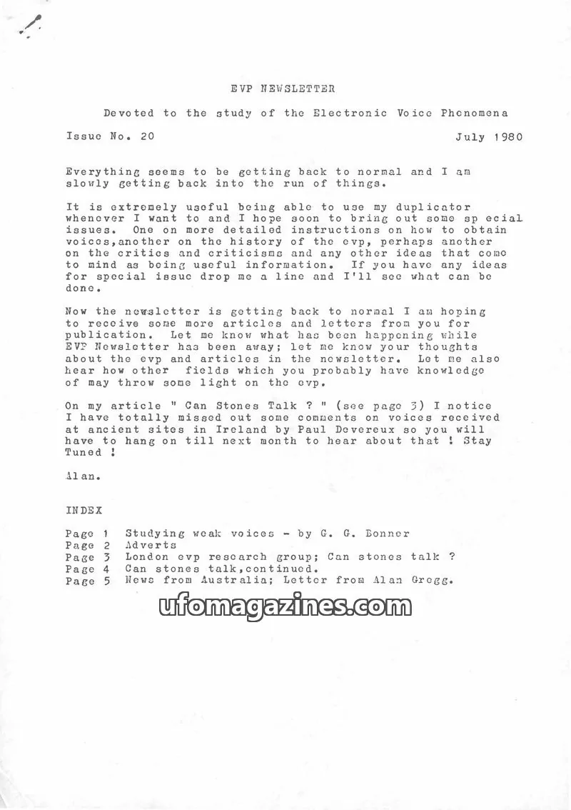 Cover of EVP Newsletter (Alan Cleaver) issue No. 20: EVP NEWSLETTER