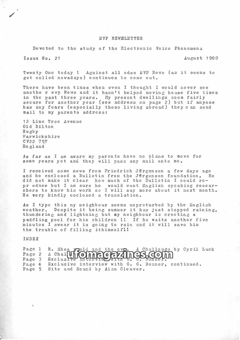 Cover of EVP Newsletter (Alan Cleaver) issue No. 21: EVP NEWSLETTER