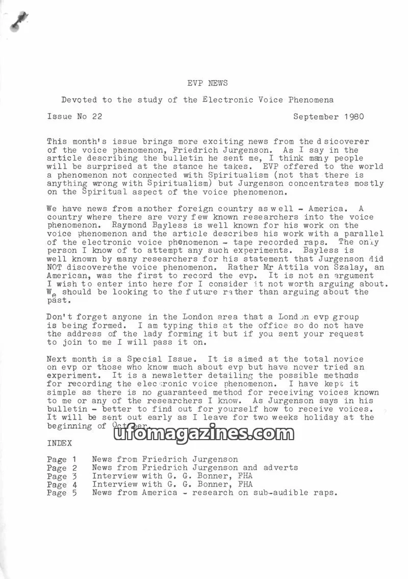 Cover of EVP Newsletter (Alan Cleaver) issue No 22: EVP NEWS