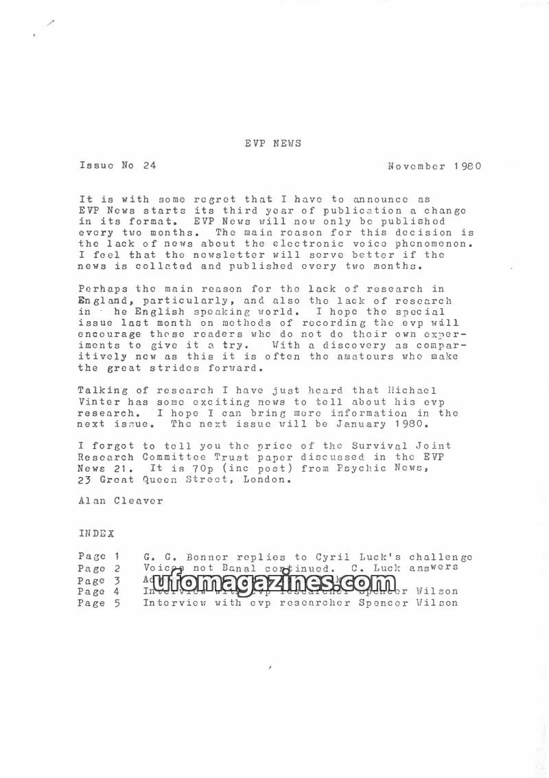 Cover of EVP Newsletter (Alan Cleaver) issue 24: EVP NEWS