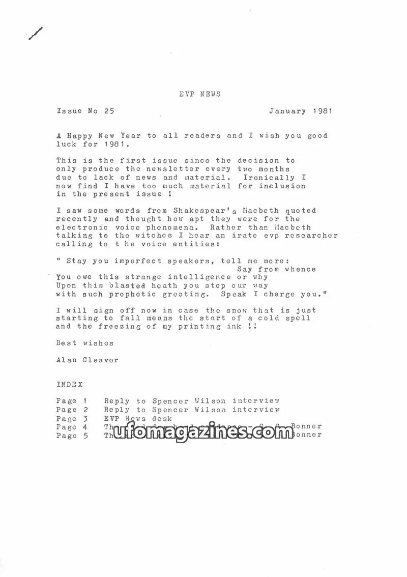Cover of EVP Newsletter (Alan Cleaver) issue 25: EVP NEWS