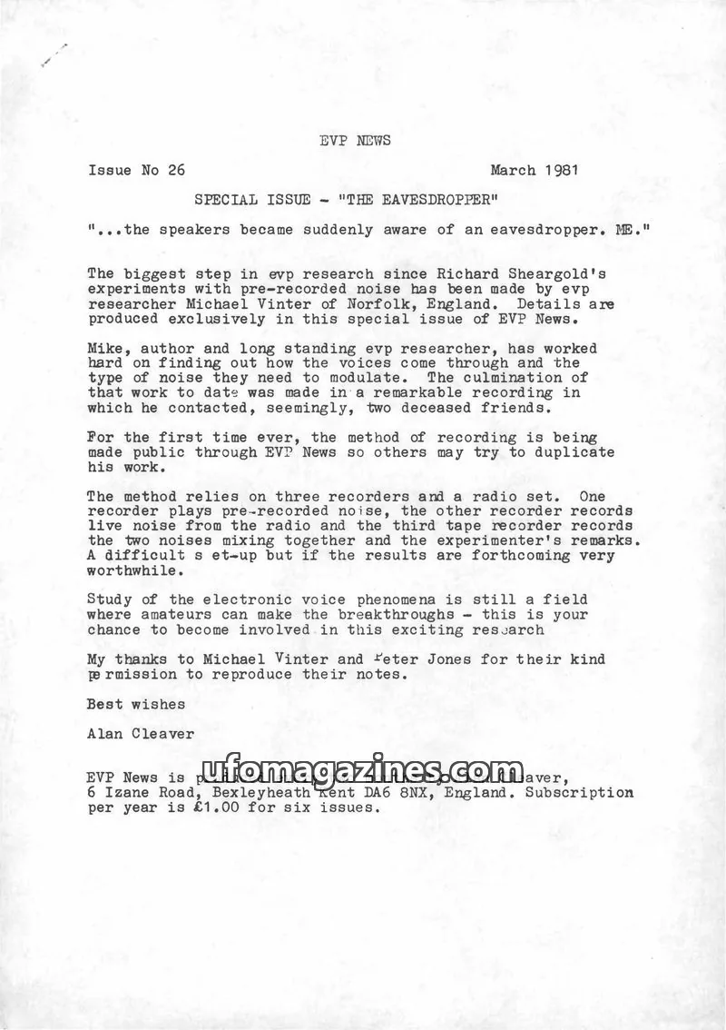 Cover of EVP Newsletter (Alan Cleaver) issue No 26: EVP NEWS