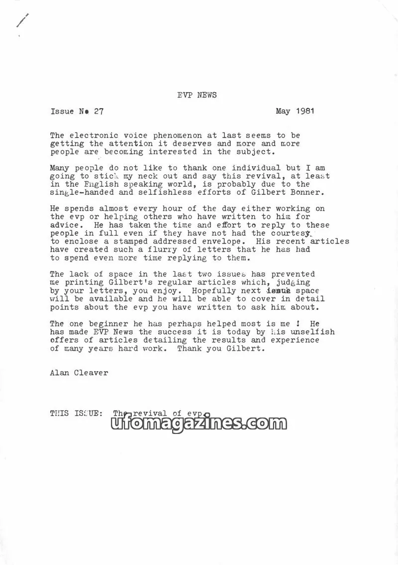 Cover of EVP Newsletter (Alan Cleaver) issue 27: EVP NEWS