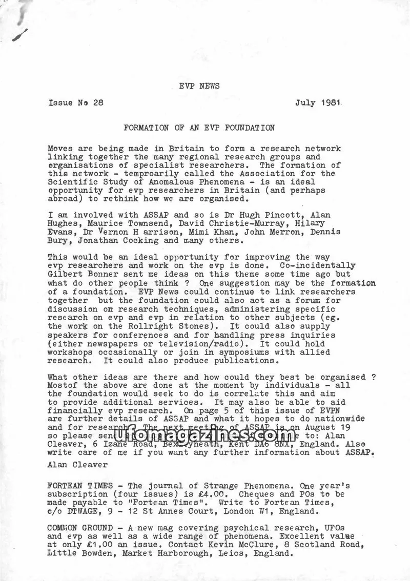 Cover of EVP Newsletter (Alan Cleaver) issue No 28: EVP NEWS