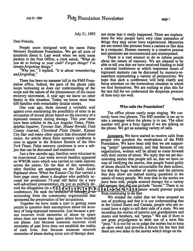 Cover of FMS Foundation issue page 1: FMS Foundation Newsletter