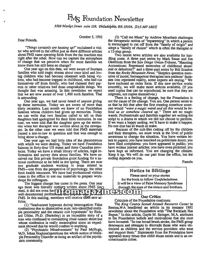 Cover of FMS Foundation issue October 5, 1992: FMS Foundation Newsletter