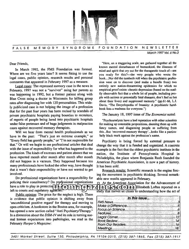 Cover of FMS Foundation issue Vol. 6 No.3: FALSE MEMORY SYNDROME FOUNDATION NEWSLETTER