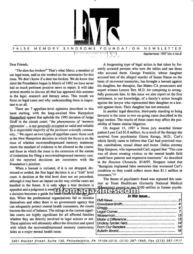 Cover of FALSE MEMORY SYNDROME FOUNDATION issue Vol. 6 No.8: FALSE MEMORY SYNDROME FOUNDATION NEWSLETTER