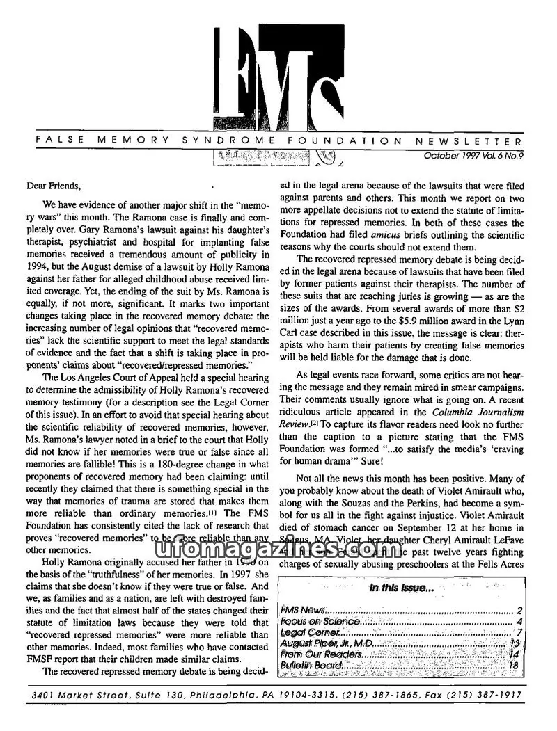 Cover of FALSE MEMORY SYNDROME FOUNDATION issue Vol. 6 No.9: FALSE MEMORY SYNDROME FOUNDATION NEWSLETTER