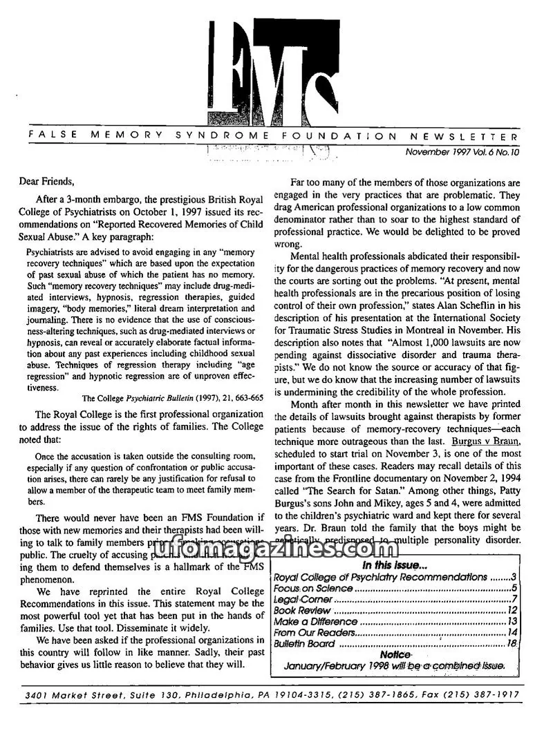 Cover of False Memory Syndrome Foundation issue Vol. 6 No. 10: FMS Foundation Newsletter