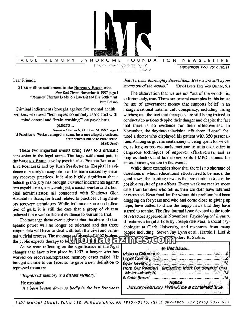 Cover of FMS Foundation issue Vol. 6 No.11: FALSE MEMORY SYNDROME FOUNDATION NEWSLETTER