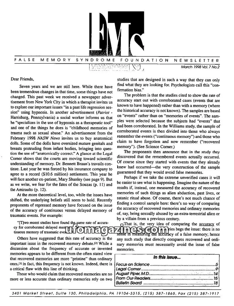 Cover of FALSE MEMORY SYNDROME FOUNDATION issue Vol. 7 No.2: FALSE MEMORY SYNDROME FOUNDATION NEWSLETTER