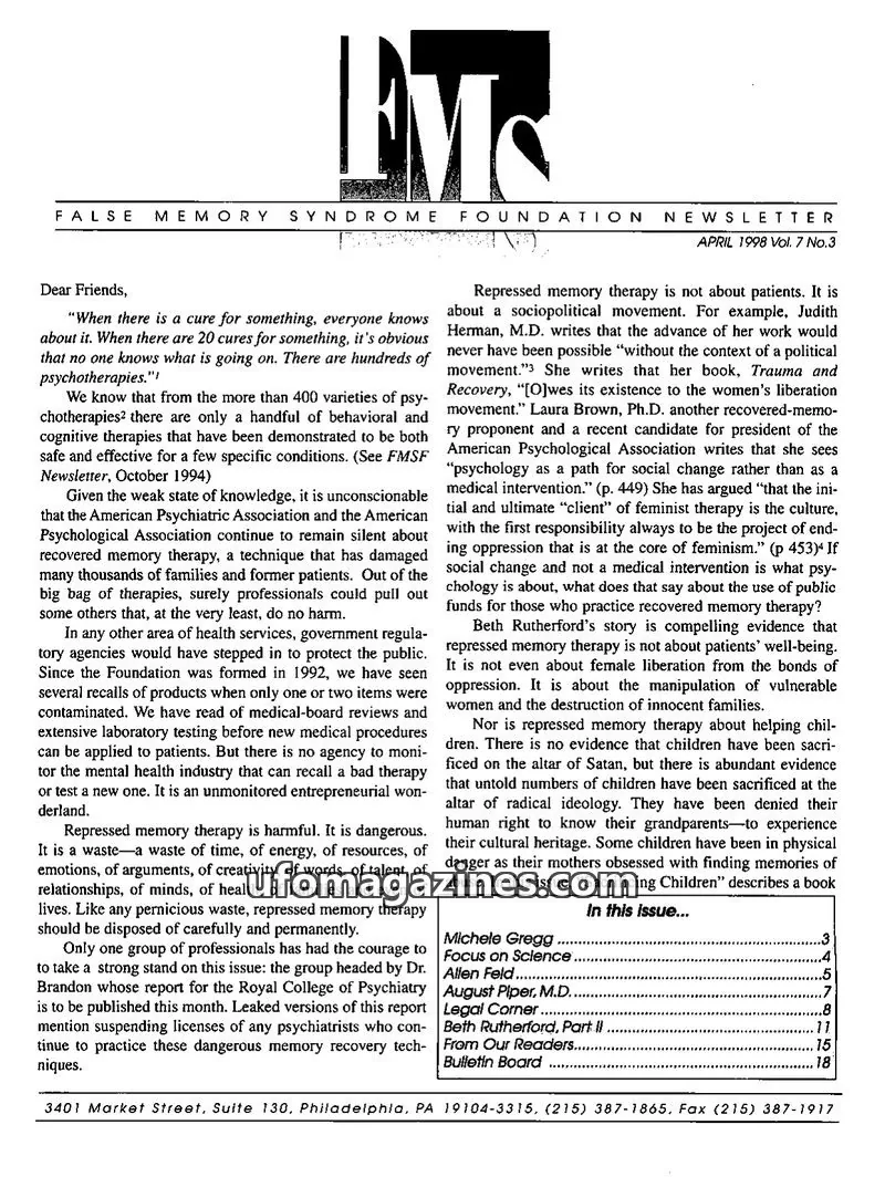 Cover of FALSE MEMORY SYNDROME FOUNDATION issue Vol. 7 No.3: FALSE MEMORY SYNDROME FOUNDATION NEWSLETTER