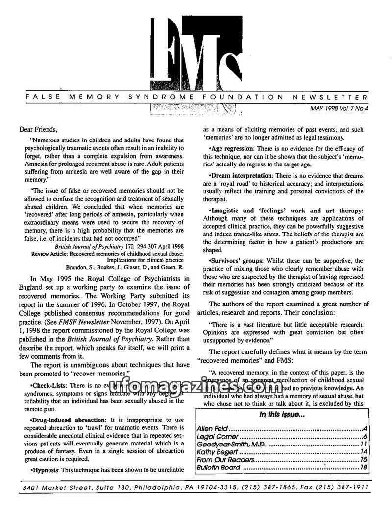 Cover of False Memory Syndrome Foundation issue Vol. 7 No.4: FMS Foundation Newsletter