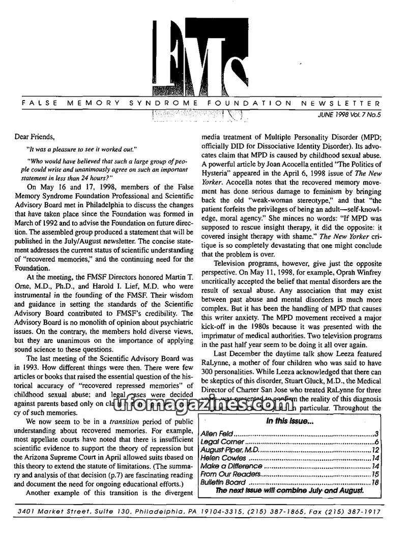 Cover of FALSE MEMORY SYNDROME FOUNDATION issue Vol. 7 No. 5: FALSE MEMORY SYNDROME FOUNDATION NEWSLETTER