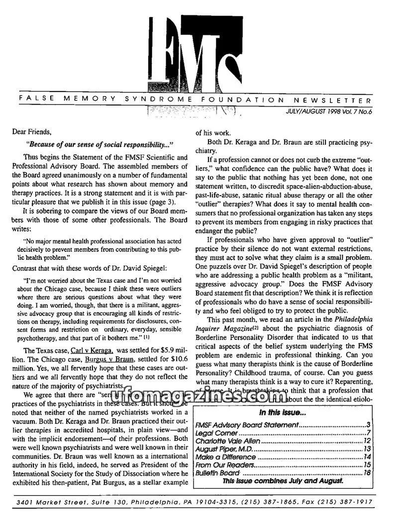Cover of False Memory Syndrome Foundation issue Vol. 7 No. 6: FMS Foundation Newsletter