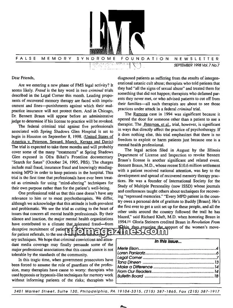 Cover of FALSE MEMORY SYNDROME FOUNDATION issue Vol. 7 No. 7: FALSE MEMORY SYNDROME FOUNDATION NEWSLETTER
