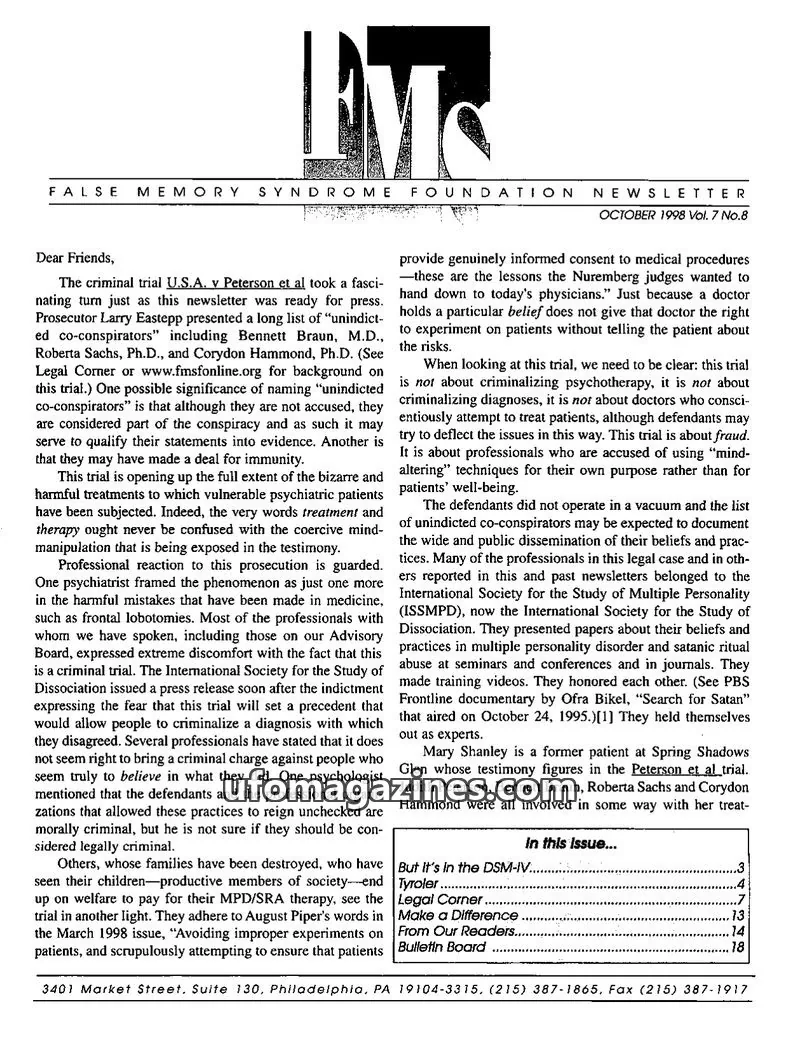 Cover of FALSE MEMORY SYNDROME FOUNDATION issue Vol. 7 No.8: FALSE MEMORY SYNDROME FOUNDATION NEWSLETTER
