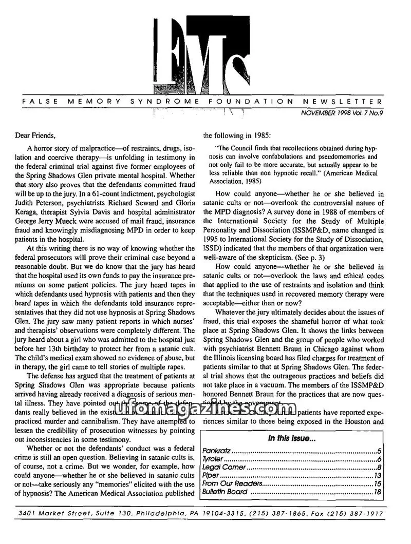 Cover of False Memory Syndrome Foundation issue Vol. 7 No. 9: FALSE MEMORY SYNDROME FOUNDATION NEWSLETTER