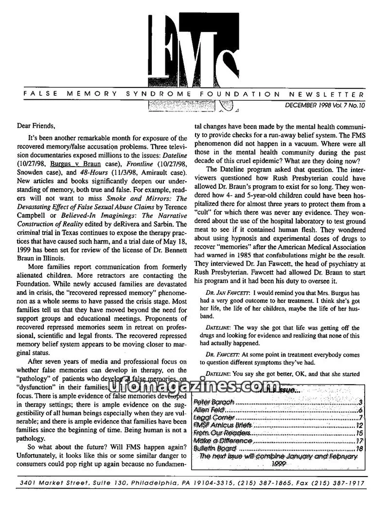 Cover of False Memory Syndrome Foundation issue Vol. 7 No. 10: FALSE MEMORY SYNDROME FOUNDATION NEWSLETTER