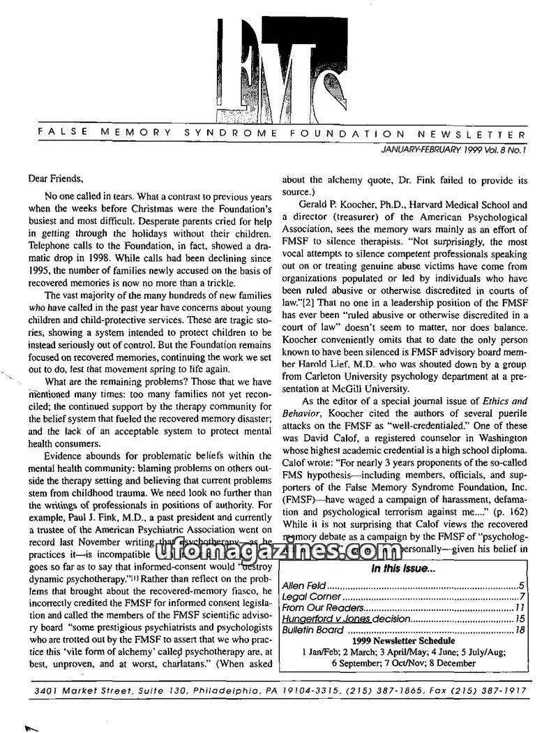 Cover of FMS Foundation issue Vol. 8 No. 1: FALSE MEMORY SYNDROME FOUNDATION NEWSLETTER