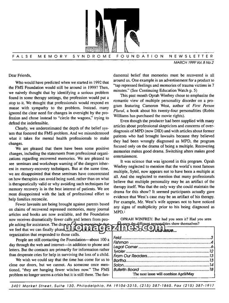 Cover of FALSE MEMORY SYNDROME FOUNDATION issue Vol. 8 No.2: FALSE MEMORY SYNDROME FOUNDATION NEWSLETTER