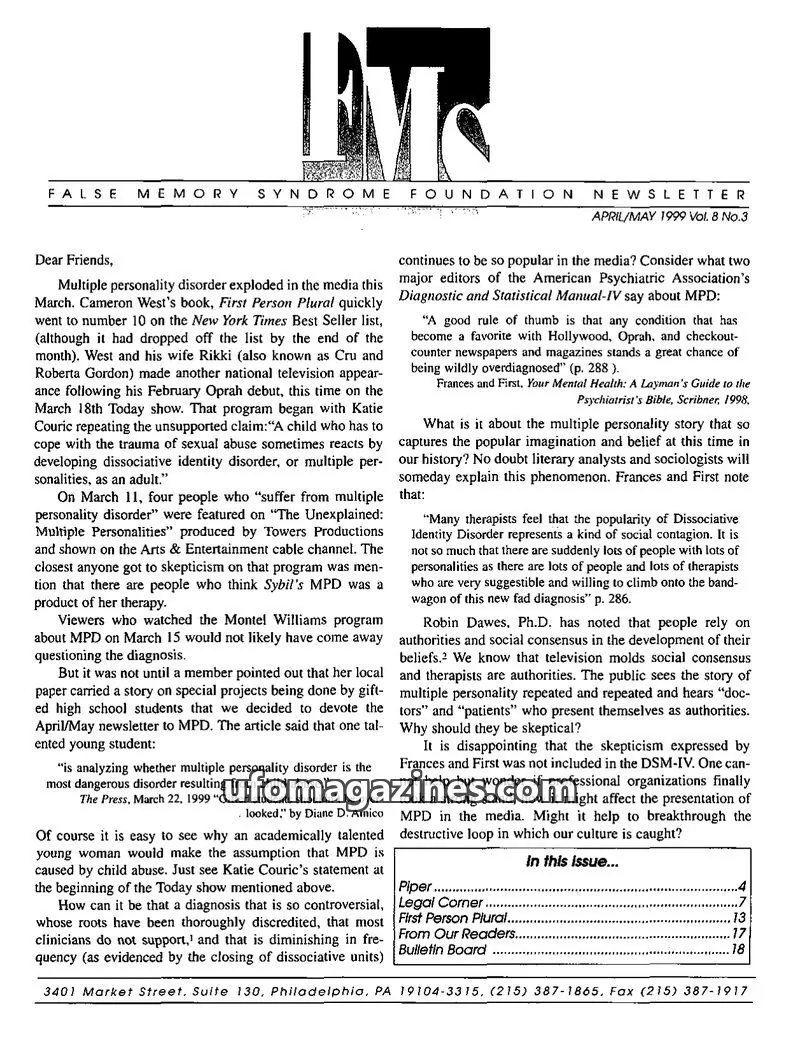 Cover of FMS Foundation issue Vol. 8 No.3: FALSE MEMORY SYNDROME FOUNDATION NEWSLETTER