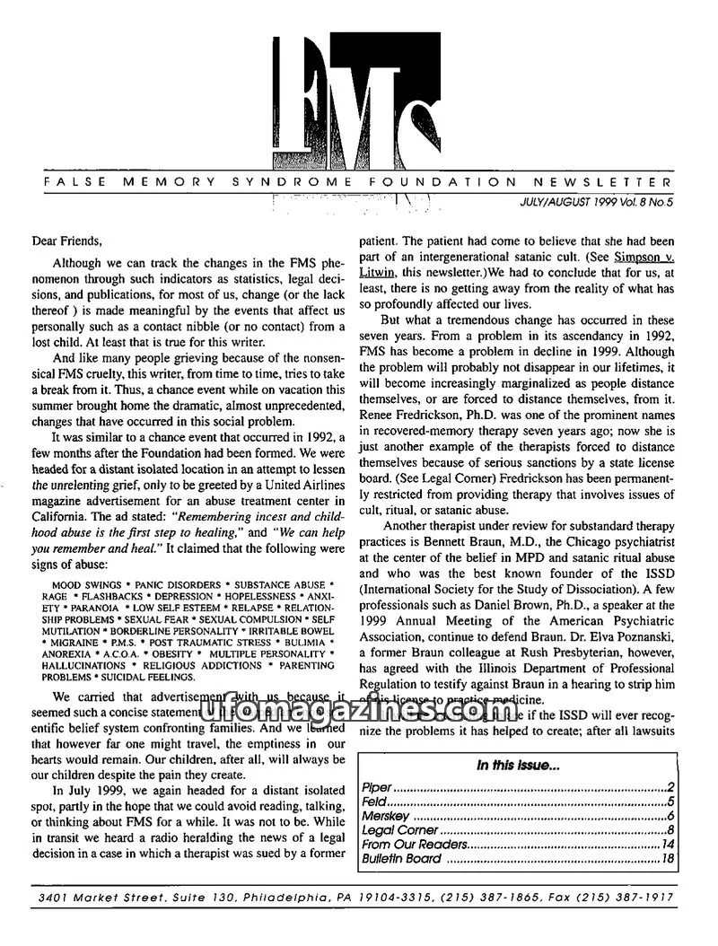 Cover of FALSE MEMORY SYNDROME FOUNDATION issue Vol. 8 No.5: FALSE MEMORY SYNDROME FOUNDATION NEWSLETTER
