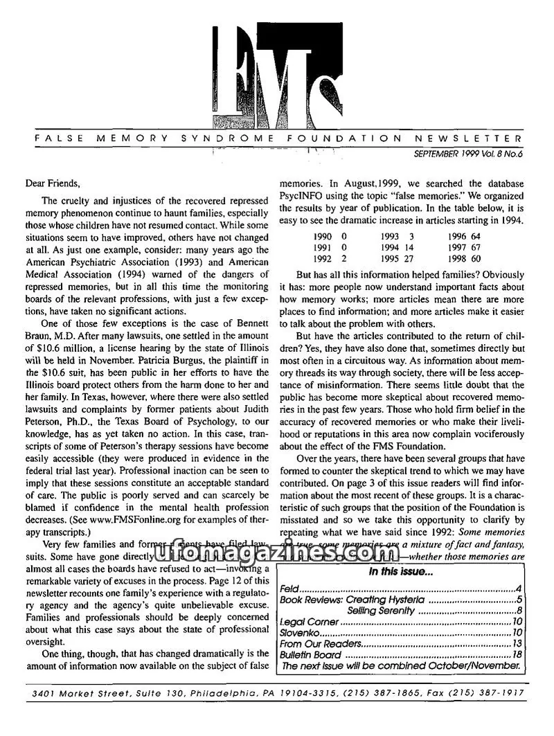 Cover of FMS Foundation issue Vol. 8 No.6: FALSE MEMORY SYNDROME FOUNDATION NEWSLETTER