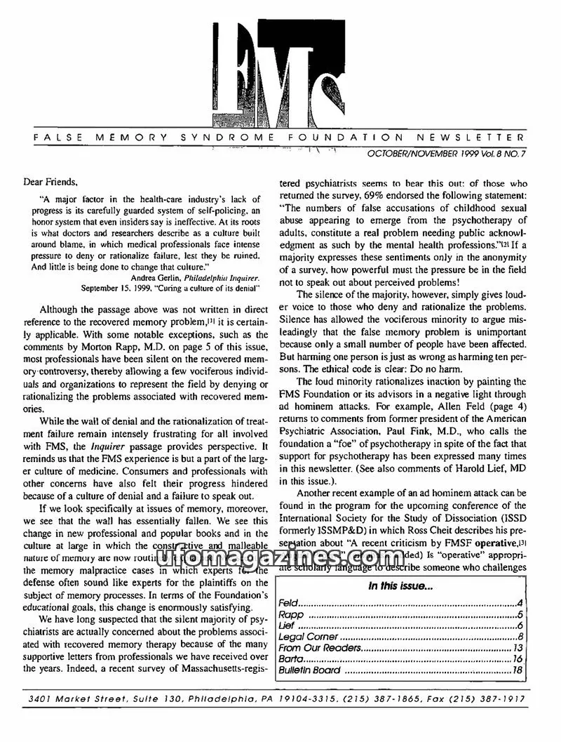 Cover of FALSE MEMORY SYNDROME FOUNDATION issue Vol. 8 NO. 7: FALSE MEMORY SYNDROME FOUNDATION NEWSLETTER