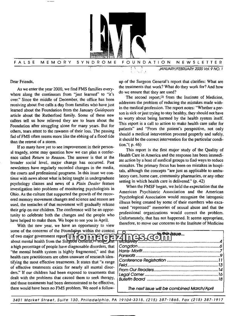Cover of FMS Foundation issue Vol. 9 NO. 1: FALSE MEMORY SYNDROME FOUNDATION NEWSLETTER