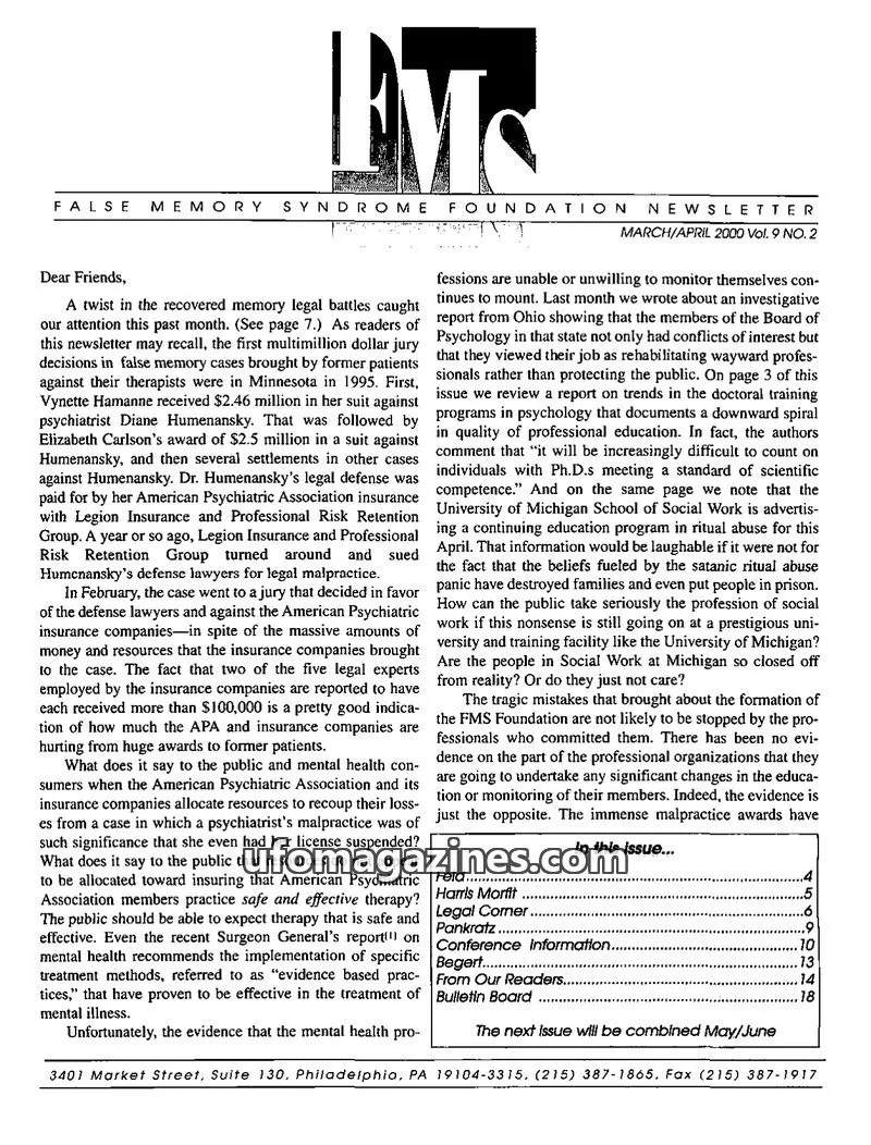 Cover of FALSE MEMORY SYNDROME FOUNDATION issue Vol. 9 NO. 2: FALSE MEMORY SYNDROME FOUNDATION NEWSLETTER