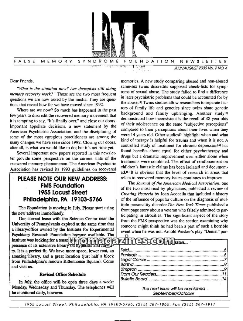 Cover of FMS Foundation issue Vol. 9 NO. 4: FALSE MEMORY SYNDROME FOUNDATION NEWSLETTER