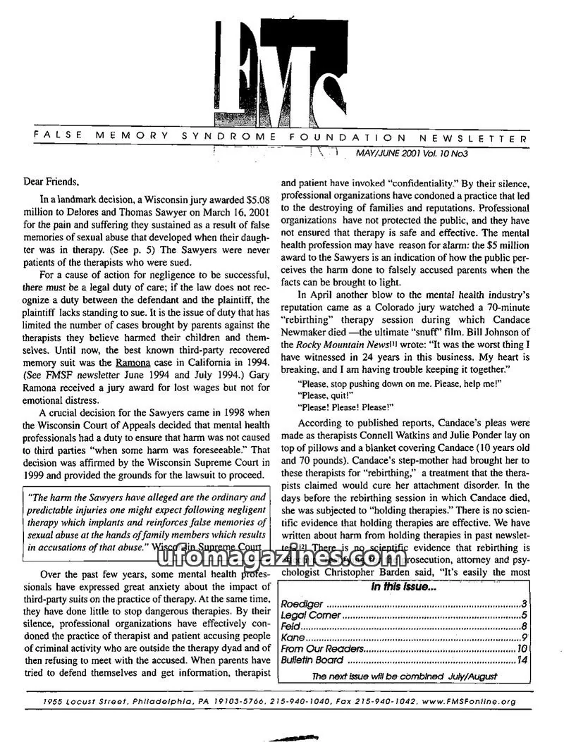 Cover of FALSE MEMORY SYNDROME FOUNDATION issue Vol. 10 No3: FALSE MEMORY SYNDROME FOUNDATION NEWSLETTER