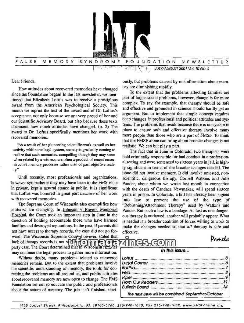 Cover of FMS Foundation issue Vol. 10 No. 4: FALSE MEMORY SYNDROME FOUNDATION NEWSLETTER