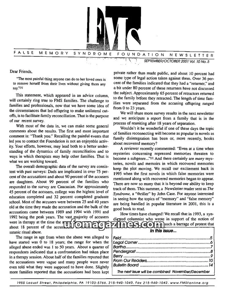 Cover of FMS Foundation issue Vol. 10 No. 5: FALSE MEMORY SYNDROME FOUNDATION NEWSLETTER