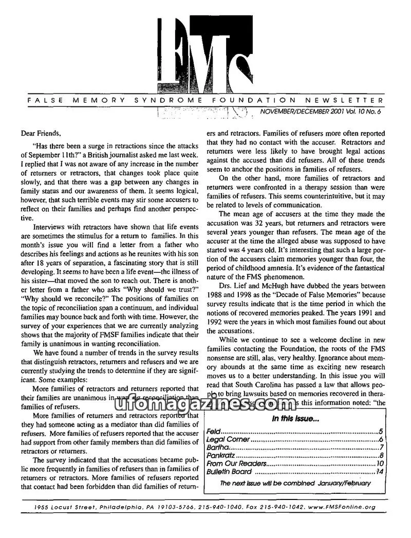 Cover of FALSE MEMORY SYNDROME FOUNDATION issue Vol. 10 No. 6: FALSE MEMORY SYNDROME FOUNDATION NEWSLETTER