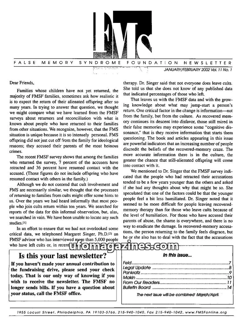 Cover of FMS Foundation issue Vol. 11 No. 1: FMS Foundation Newsletter