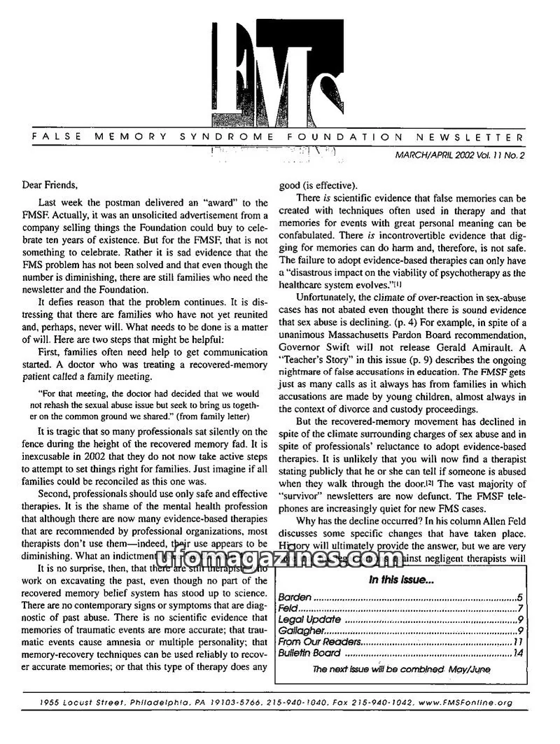 Cover of FALSE MEMORY SYNDROME FOUNDATION issue Vol. 11 No. 2: FALSE MEMORY SYNDROME FOUNDATION NEWSLETTER