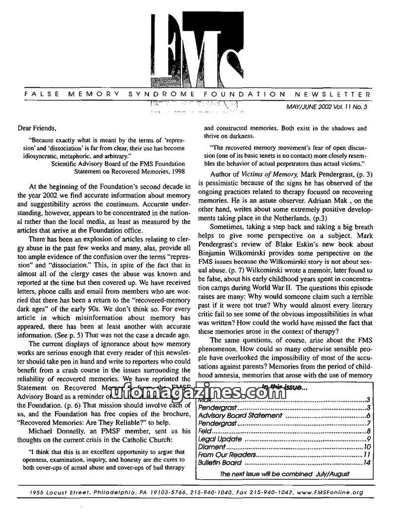 Cover of False Memory Syndrome Foundation issue Vol. 11 No. 3: FALSE MEMORY SYNDROME FOUNDATION NEWSLETTER