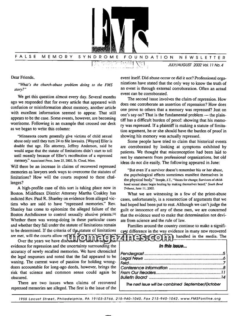 Cover of False Memory Syndrome Foundation issue Vol. 11 No. 4: FALSE MEMORY SYNDROME FOUNDATION NEWSLETTER