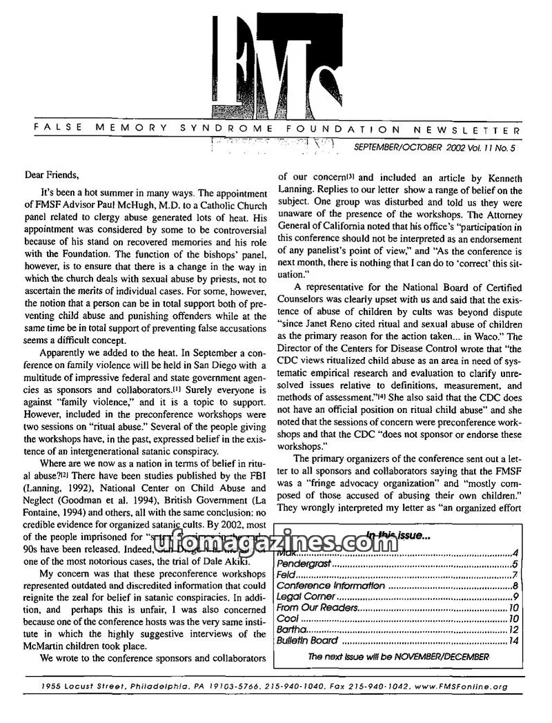 Cover of FMS Foundation issue Vol. 11 No. 5: FALSE MEMORY SYNDROME FOUNDATION NEWSLETTER