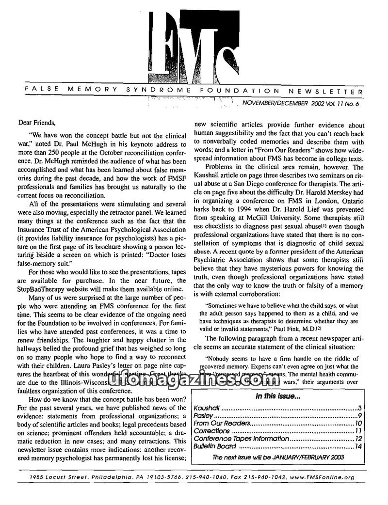 Cover of FALSE MEMORY SYNDROME FOUNDATION issue Vol. 11 No. 6: FALSE MEMORY SYNDROME FOUNDATION NEWSLETTER